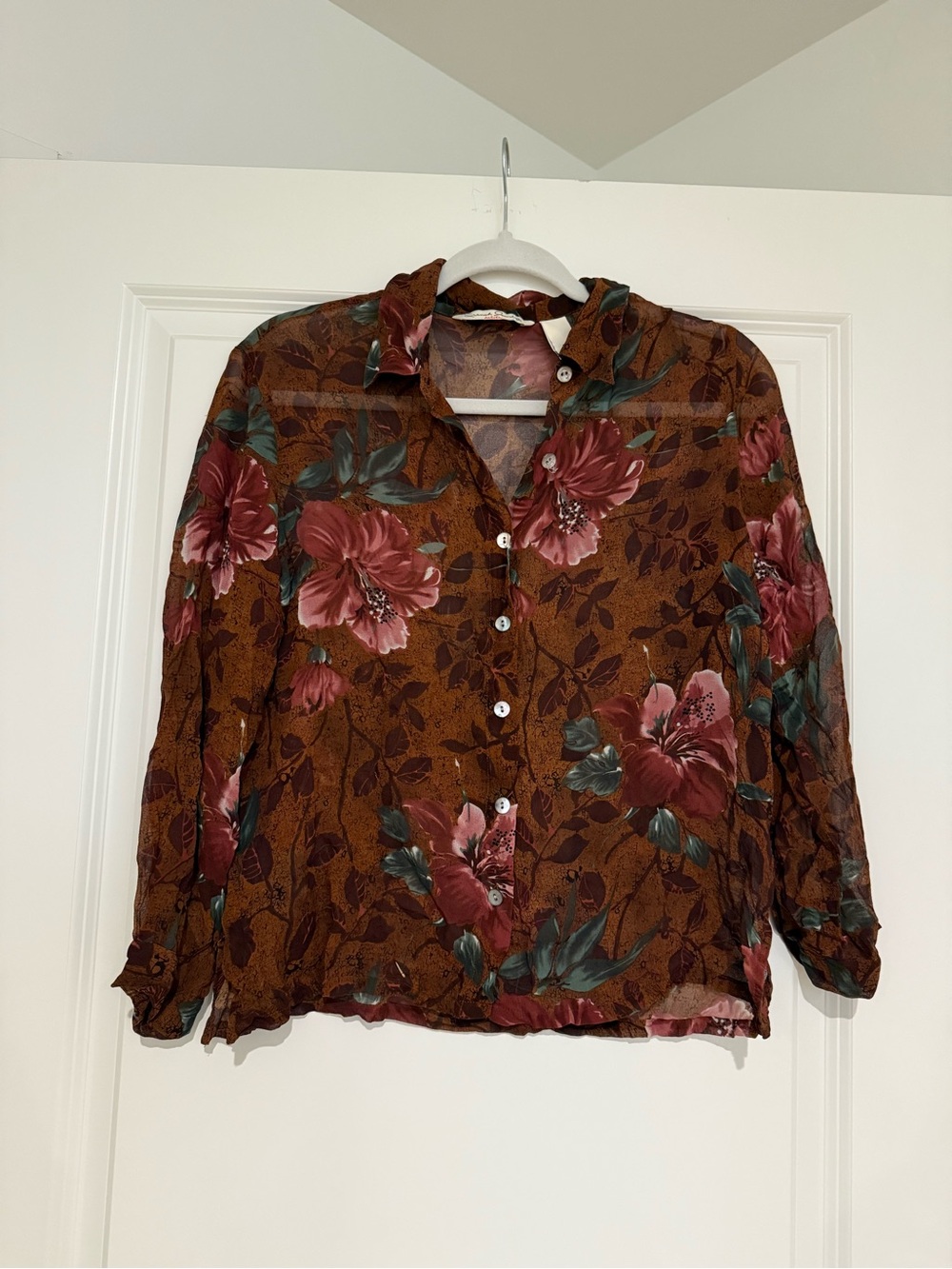 French Laundry Silk Brown Blouse with Pink Floral Print size PL